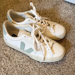 Veja White and Light Green Casual Sneakers
